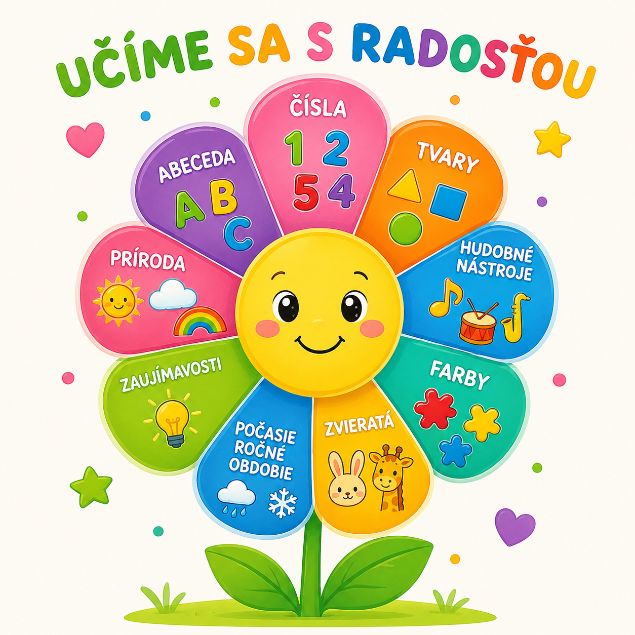 MojeNaje – kvet s kategóriami: abeceda, čísla, tvary, hudobné nástroje, farby, zvieratá, počasie, zaujímavosti, príroda